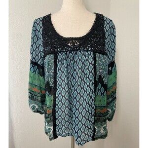 Bila Boho Peasant Top Womens Large Multicolor Sheer Crochet Festival Hippie